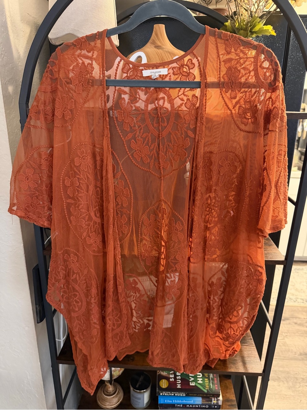 Maurices Rust Orange Sheer Lace Kimono